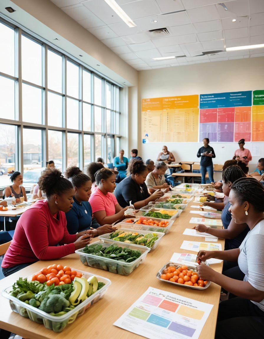 A diverse group of community members engaged in a vibrant health workshop, illustrating interactive sessions on nutrition, fitness, and wellness resources. Include elements like colorful charts, healthy food samples, and energetic facilitators. Show a warm, inviting community center backdrop with natural light flooding in. The scene should reflect inclusivity and empowerment, capturing the essence of budget-friendly health initiatives. super-realistic. vibrant colors. warm atmosphere.