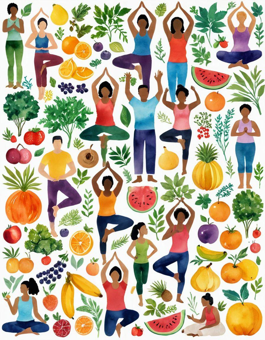 An inviting collage of various budget-friendly wellness programs, featuring diverse people engaging in activities like yoga, cooking healthy meals, and participating in community fitness events. Incorporate symbols of health like fruits, herbs, and exercise gear surrounding them. Use warm, vibrant colors to convey positivity and accessibility, with a friendly, welcoming vibe. watercolor painting style.