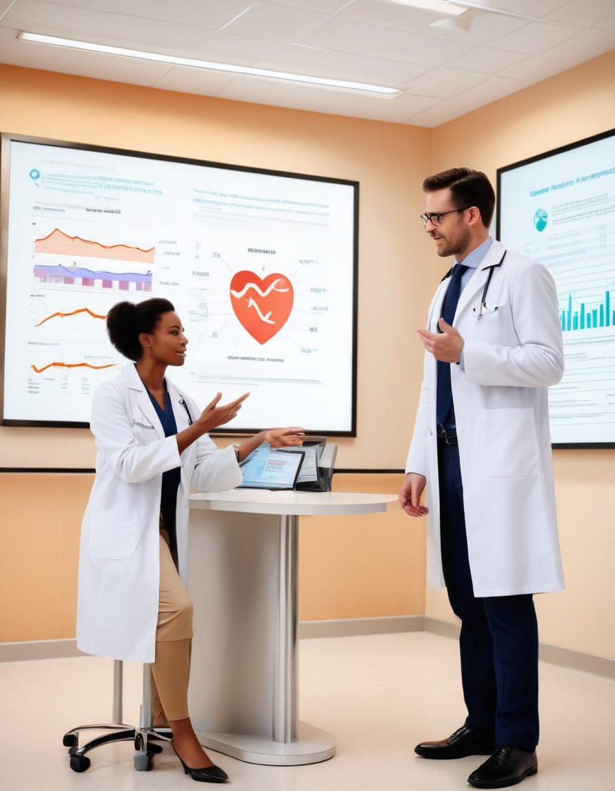 A patient discussing treatment options with a friendly doctor in a modern clinic, surrounded by informative graphs about cost-effective treatments on a digital screen. Include visual metaphors for preventive care, such as a shield and a heart symbol. Bright and inviting atmosphere with warm colors to evoke trust and reliability. super-realistic. vibrant colors. white background.